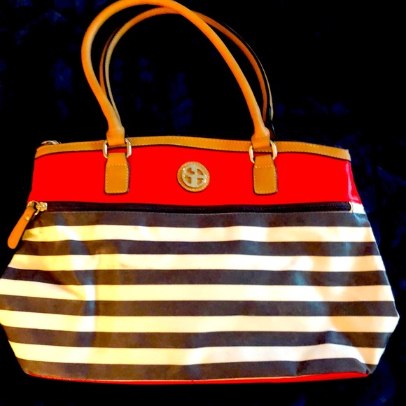 Giani Bernini coated canvas tote 👜 has 4 zipper pockets orange, black and white - Picture 1 of 9